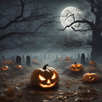 Halloween, cemetery with gravestones and old tree in fog. Pumpkins on the leafy ground. AI generated image