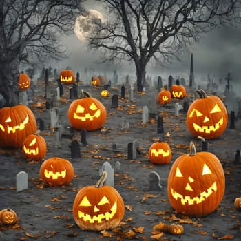 Halloween, Foggy cemetery with old trees. Full moon in background. Pumpkins on the ground. AI generated image