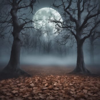 Halloween, Misty forest with old trees. Full moon in background. Leaves on the ground. AI generated image