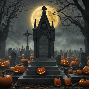 Halloween, in the cemetery, tombstones, pumpkins on the ground. Full moon behind grave chamber. AI generated image