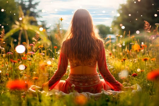 Back view of a woman with long hair sitting outdoors in sunlight enjoying nature. Back view of a girl practicing yoga in a flower field. AI generated