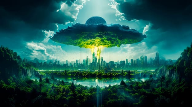 Planetary invasion concept, giant alien spaceship hovering in the sky over downtown district of large modern city.Alien invasion with spacecraft in the night. AI generated
