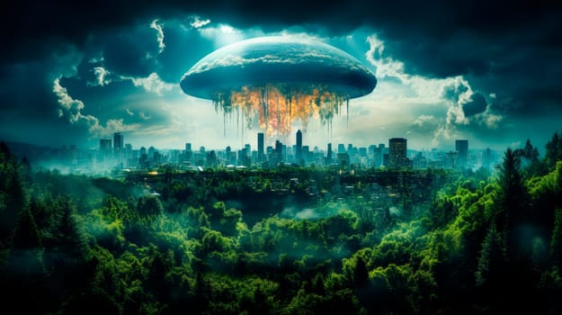 Planetary invasion concept, giant alien spaceship hovering in the sky over downtown district of large modern city. AI generated