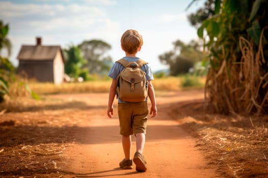 Little school boy walking down a dirt road into  farmlands. Last day at school concept, back view. AI generated