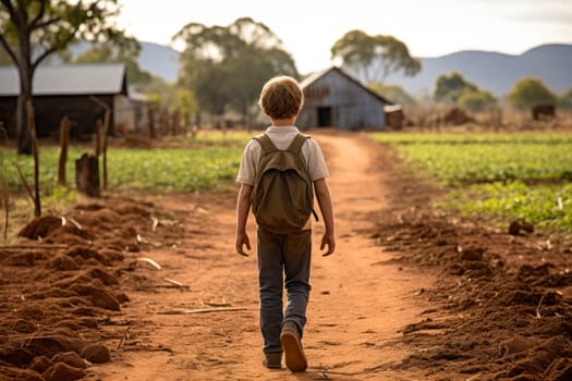 Little school boy walking down a dirt road into  farmlands. Last day at school concept, back view. AI generated