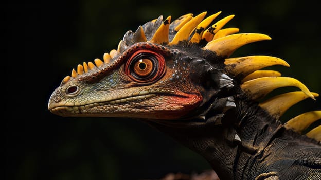 A close up of a Dilophosaurus with its distinctive crests