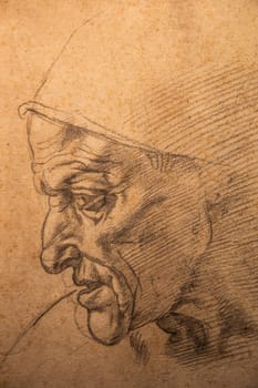 Turin, Italy - April 2023: Michelangelo Buonarroti drawing, Study for the head of the Cumaean Sybil, 1562