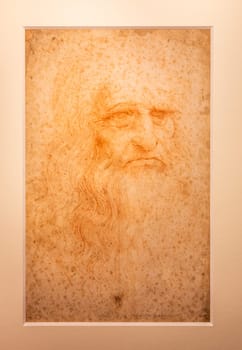 Turin, Italy - April, 2023: original Leonardo da Vinci portrait on handmade cotton paper, Royal Library