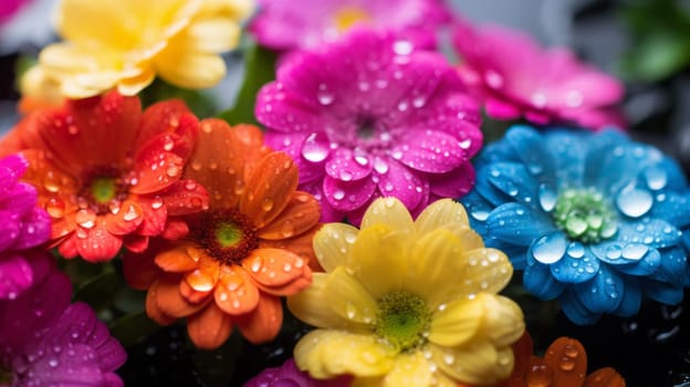 A close-up of rain-soaked flowers under a rainbow