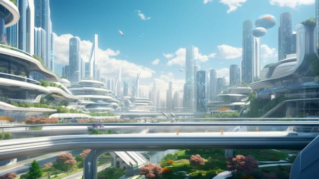 A digital illustration of a futuristic city with advanced transportation