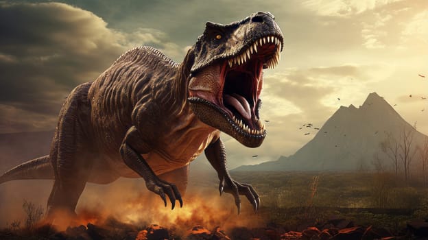 A fearsome Tyrannosaurus rex roaring in a prehistoric landscape