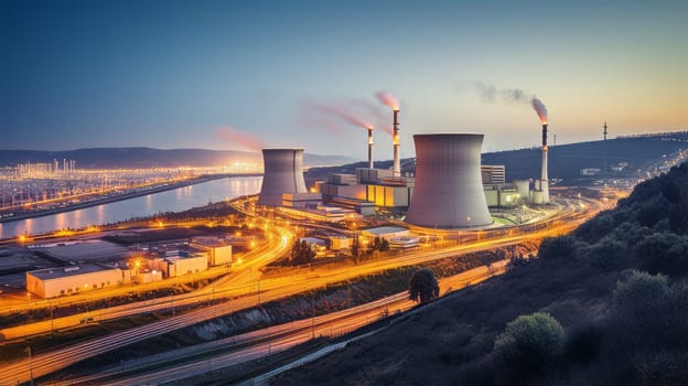 A nuclear power plant at night with city lights in the background
