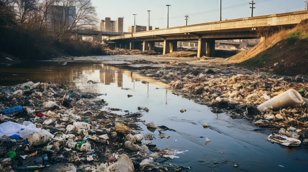 A polluted river with garbage and debris