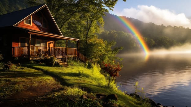 A rainbow arching over a charming riverside cabin