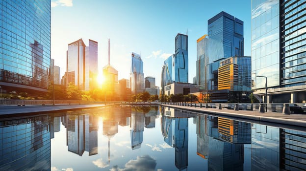 A modern cityscape with reflective glass buildings