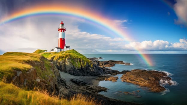 A rainbow forming above a coastal lighthouse