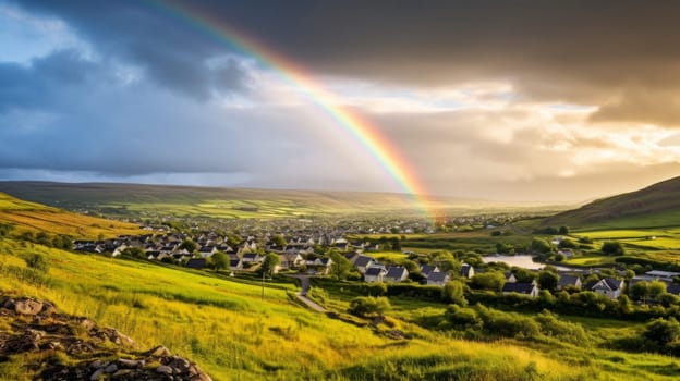 A rainbow over a charming village in the countryside