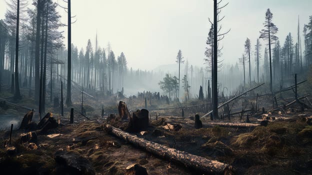 A polluted forest with wilting and damaged trees