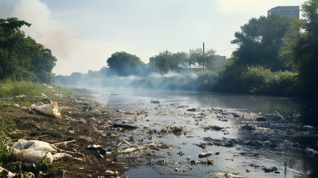 A polluted riverbank with visible pollution particles in the air