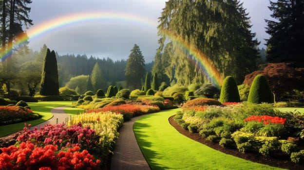 A rainbow arching over a tranquil botanical garden