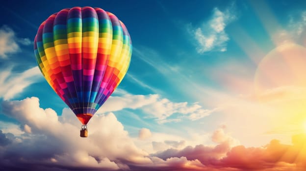 A rainbow forming over a colorful hot air balloon