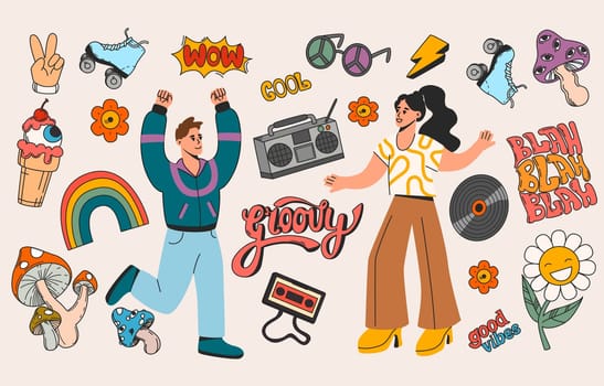 Vector set of retro hippie characters and stickers. Vintage color elements of psychedelic mushrooms with eyes, daisy flower, rainbow, roller skates, sunglasses and record player with music cassette.