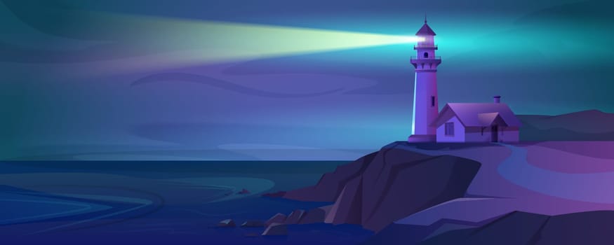 Cartoon working lighthouse with a beam of light at night. Marine navigation tower on sea coast, ocean shore. Coastline landscape with beacon and signal building with glowing ray. Seashore in the dark.