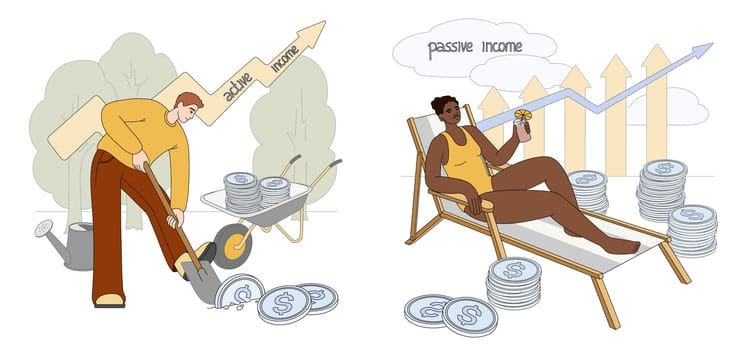 Passive and active income concept. Flat businessman with shovel digging up coins. People work, receive profit and increase incomes. Investor woman relax in chair and get money profits, stock dividends