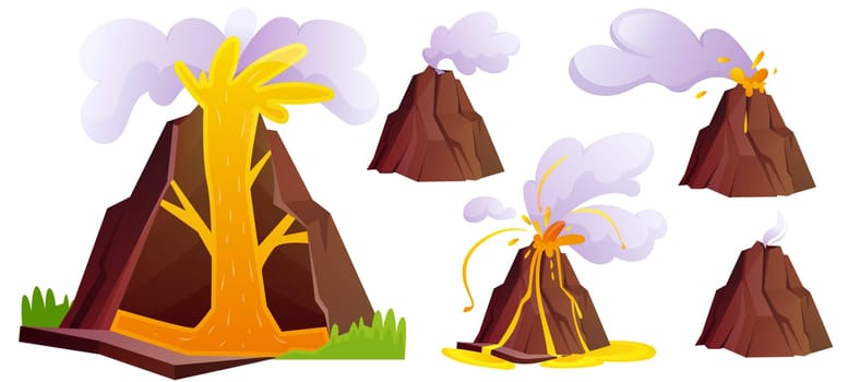 Vector cartoon set of volcanic eruption stages. Natural volcano erupts with ash, gases, hot lava, fire and clouds of smoke. Mountain rocky hills with flow magma and crater isolated on white background