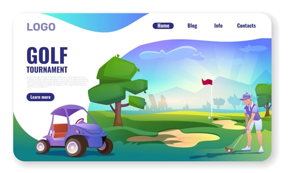 Vector banner or landing page with golf course, player man, golf cart on green play field, sand trap and hole with flagstick. Golfer person in country sports club. Golf tournament web page template