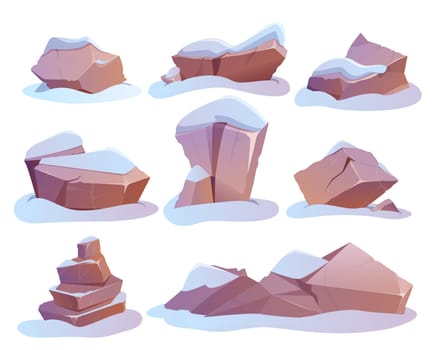 Cartoon set of pile stones or boulders with snow heap. Granite blocks, hard rock lumps in winter. Solid mountain debris or natural geological materials for games ui. Broken rocky cobbles collection.