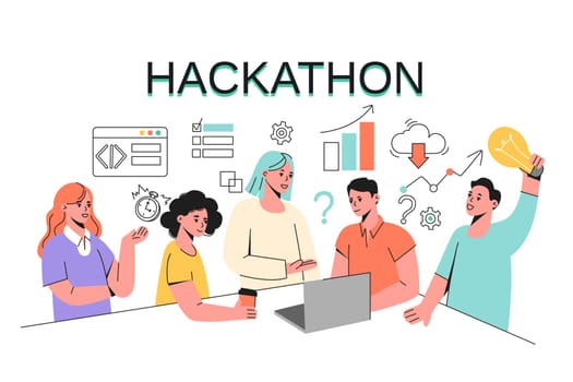 Hackathon, doodle hand drawing team of programmers, web developers, managers and graphic designers develop software. Programming and coding concept. Workteam people create project and work with data.
