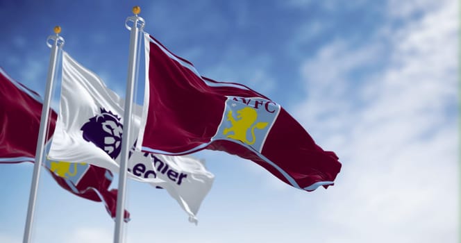 Birmingham, UK, sept. 21 2023: Aston Villa and Premier League flags waving on a clear day. Fluttering fabric. Illustrative editorial 3d illustration render. Selective focus