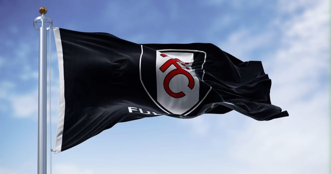 London, UK, aug 15 2023: flag of Fulham Football Club waving. Professional Football club based in London. English Premier League. Fluttering fabric. Illustrative editorial 3d illustration render