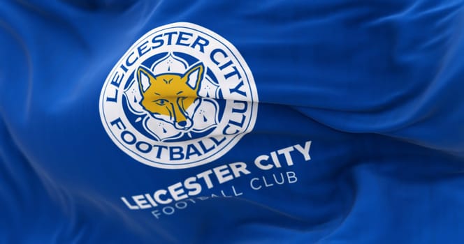 Leicester, UK, Sept. 21 2023: Close-up of Leicester City FC flag waving. English football club based in the city of Leicester. Illustrative editorial 3D illustration render. Selective focus
