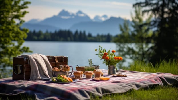 Serene lakeside picnic with a view of distant mountains