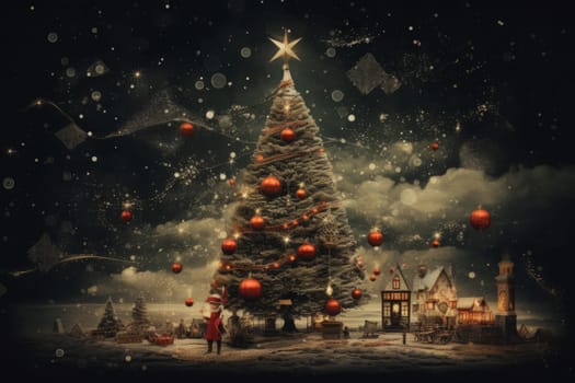 Beautifully decorated christmas tree standing tall in a winter wonderland under the starry night sky