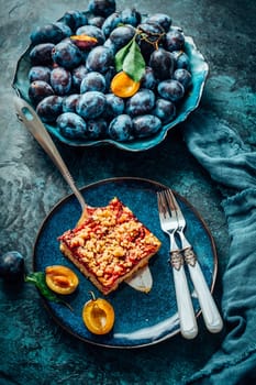 Homemade German plum cake (Zwetschgenkuchen) with yeast dough and crumbles