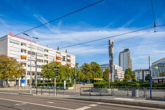 Ludwigshafen, Germany - September 17, 2023:  City center with Theater Square and famous column  of Rhineland-Palatinate (Pfalzsaeule)