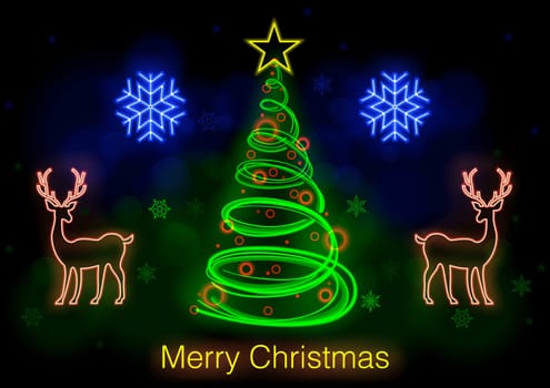 Christmas Card with Illuminating Neon Decorations - Colorful Illustration with Defocused and Glowing Effects in Background, Vector