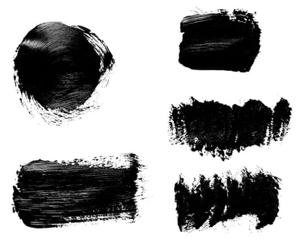 Swatch of black smudged acrylic paint isolated on white background, close up. Set