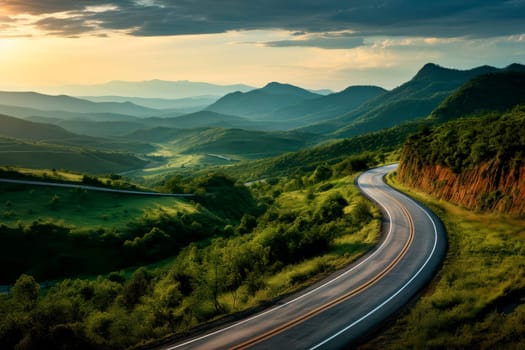 A winding road going into the distance by the setting sun, mountains on the horizon, green hills and forest on the sides. AI generated
