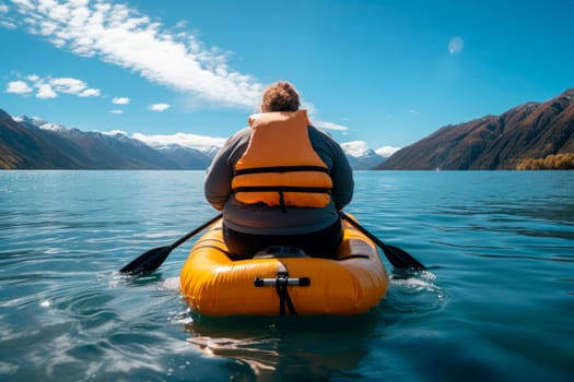 Back view of a super morbidly obese woman in life jacket at inflatable boat floats on calm water on the lake. Fat chubby woman gets to unwind and refill with energy in nature. AI generated