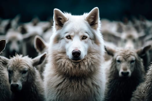 Concept for saying - A wolf in a sheepskin. The wolf surrounded by a flock of sheep. AI generated