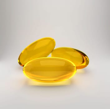 Golden oil capsule of vitamin A, E, Omega 3 or collagen. of medical pill with fish fat or organic cosmetic oil