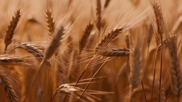 The growth of nature's harvest. Natural product of wheat fields. Ears of golden wheat close-up. Rural scene under sunlight. Summer background of ripening ears of corn landscape. Neural network AI generated