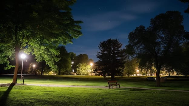An urban park with diminished celestial visibility due to nearby light pollution