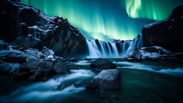 Stunning waterfall nestled in a river under a breathtaking green and blue sky