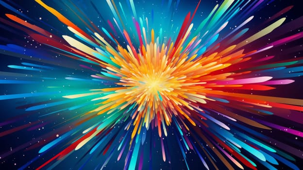 A vibrant abstract artwork featuring a burst of colorful lines on a dark backdrop