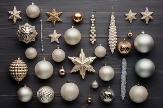 Stylish Christmas decor beautifully arranged in a top down flat lay